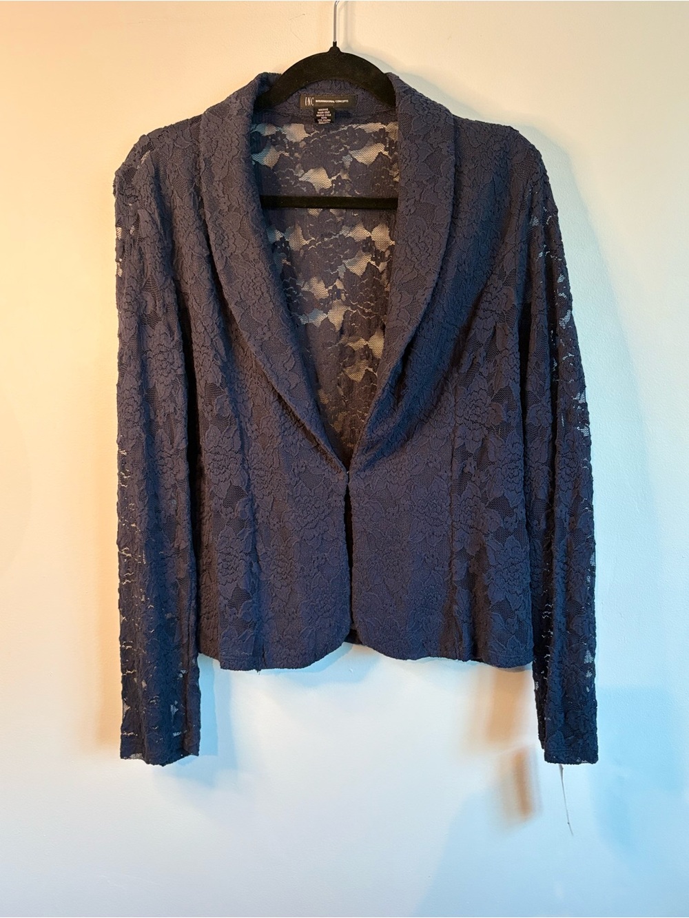 INC International Concepts Navy Lace Open-Front Shawl Blazer
